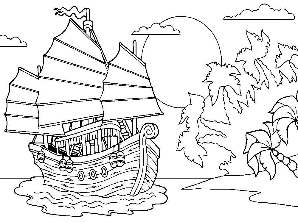 Название: Раскраска Корабль приближается к гавани. Категория: корабли. Теги: корабли, лодки, море.