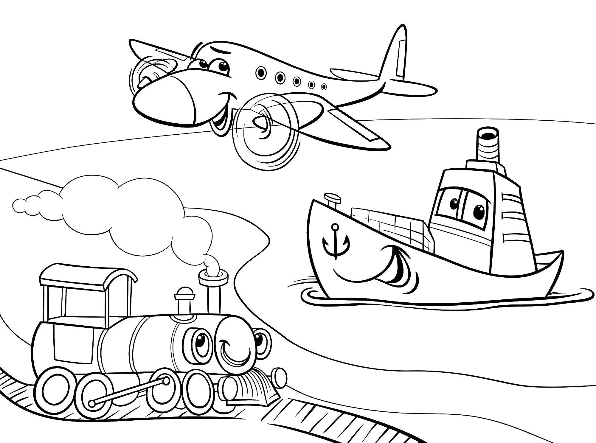 Coloring Train, ship, plane. Category transportation. Tags:  transportation.