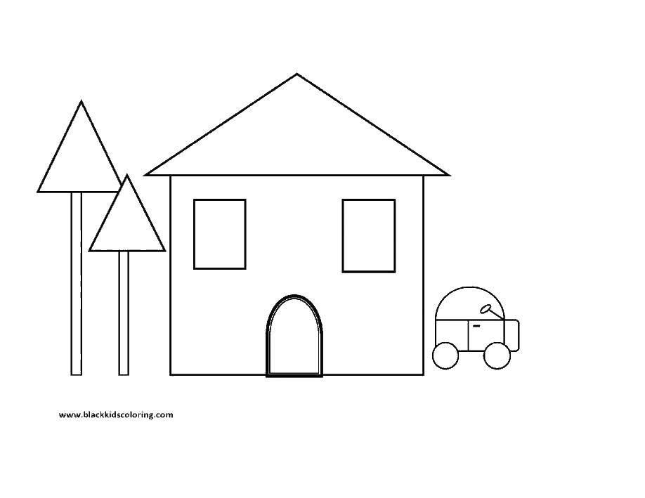Название: Раскраска Дом, деревья и машина. Категория: дома. Теги: дом, машина, деревья.