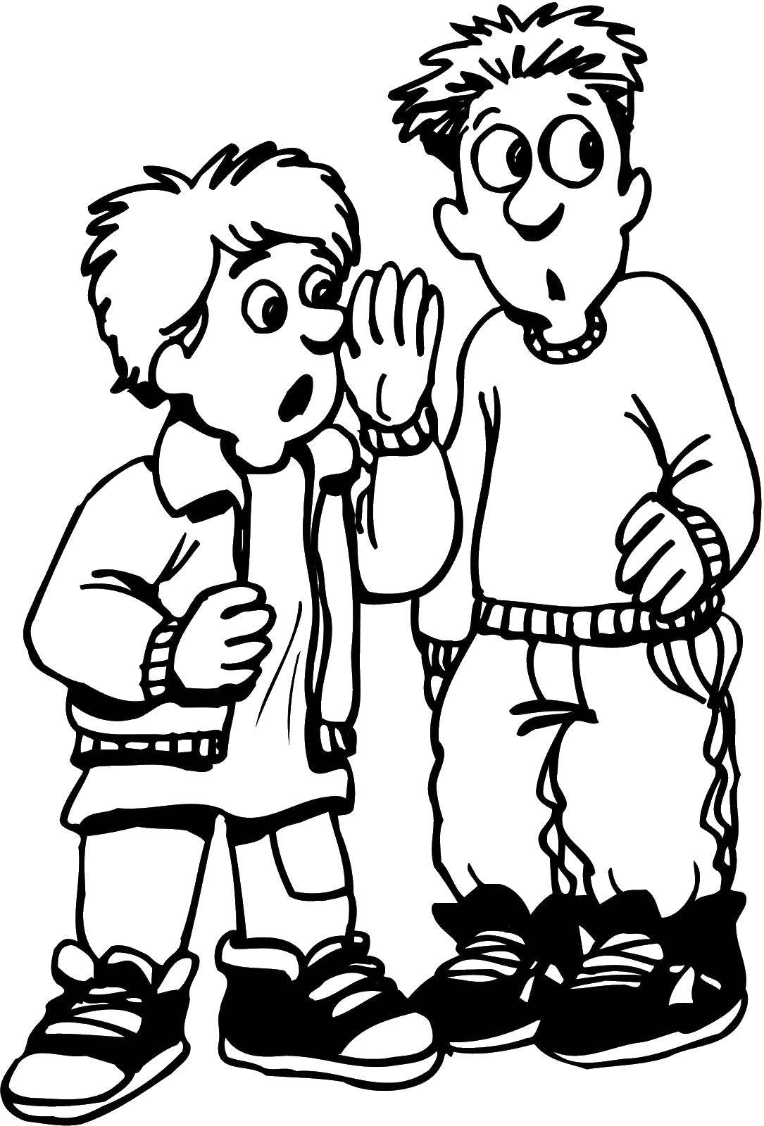 Coloring Two boys whispering. Category children. Tags:  children, boys.
