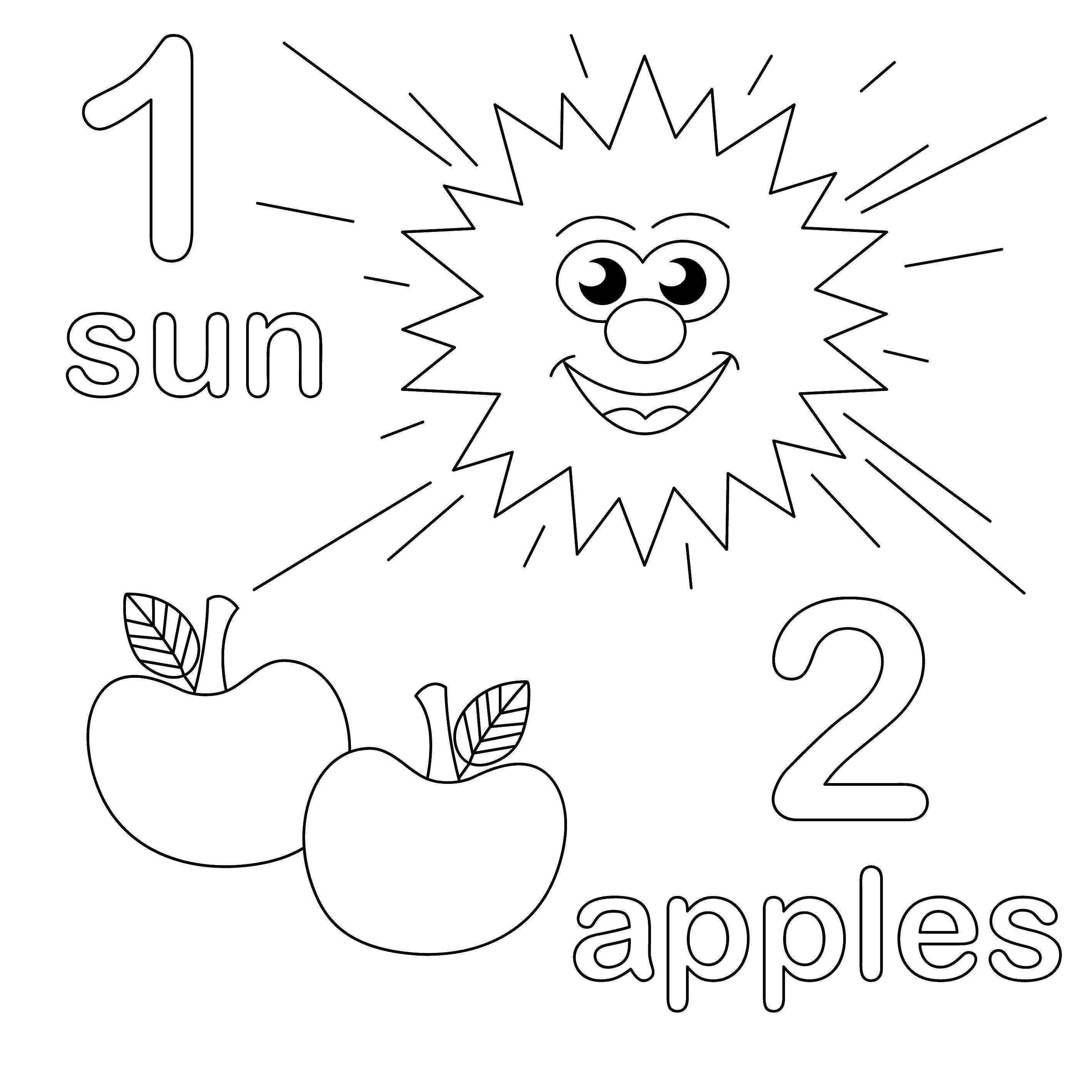 Опис: розмальовки  1 сонці, 2 яблука. Категорія: Вчимося рахувати. Теги:  цифри, числа, сонце, яблука.