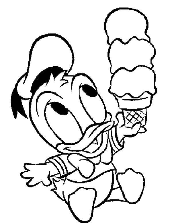 Coloring Donald duck holding ice cream. Category Disney coloring pages. Tags:  Donald Duck, ice cream.