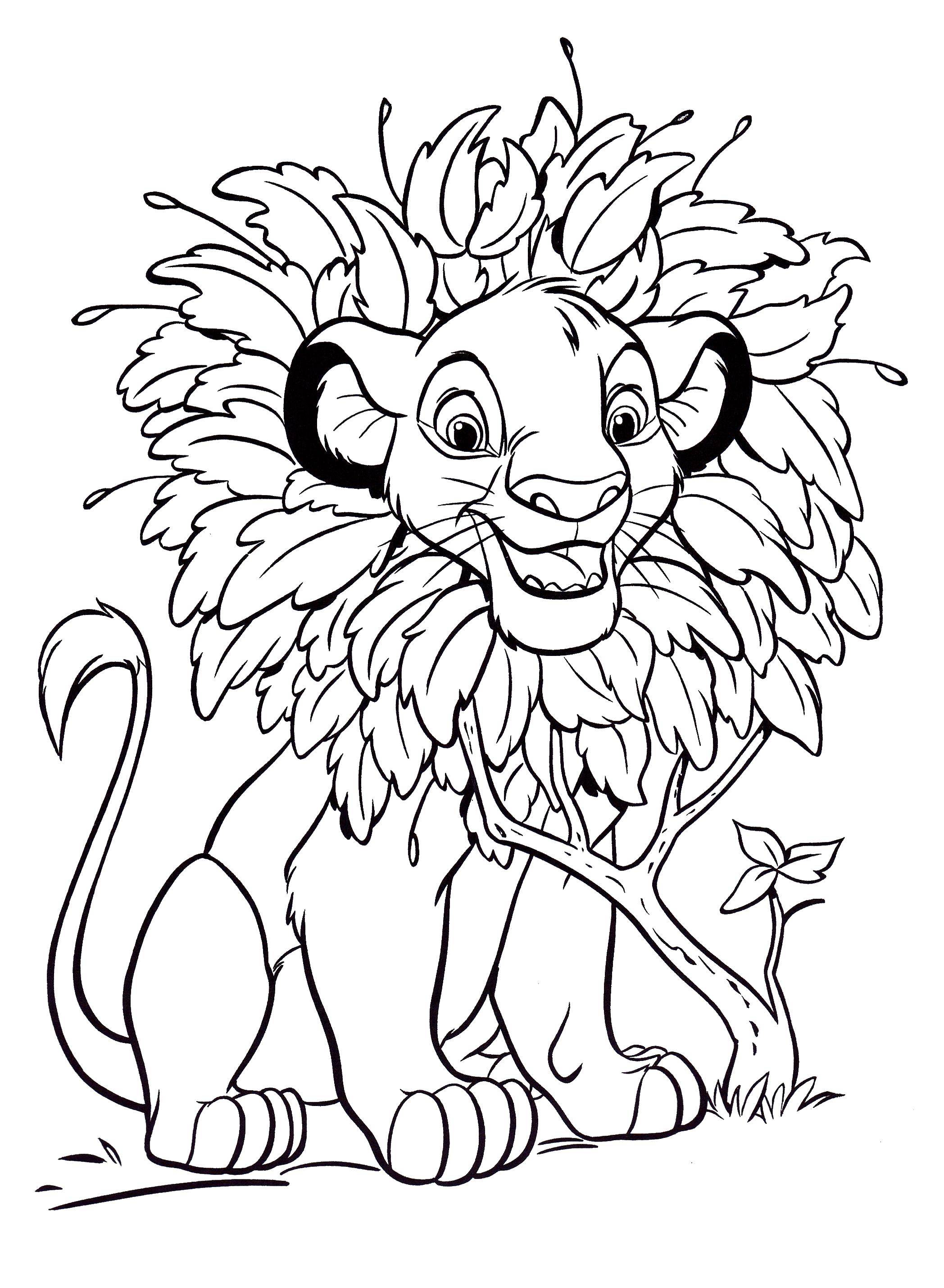 Название: Раскраска Львенок с гривой ил листьев. Категория: Диснеевские раскраски. Теги: Король лев, мультфильмы.