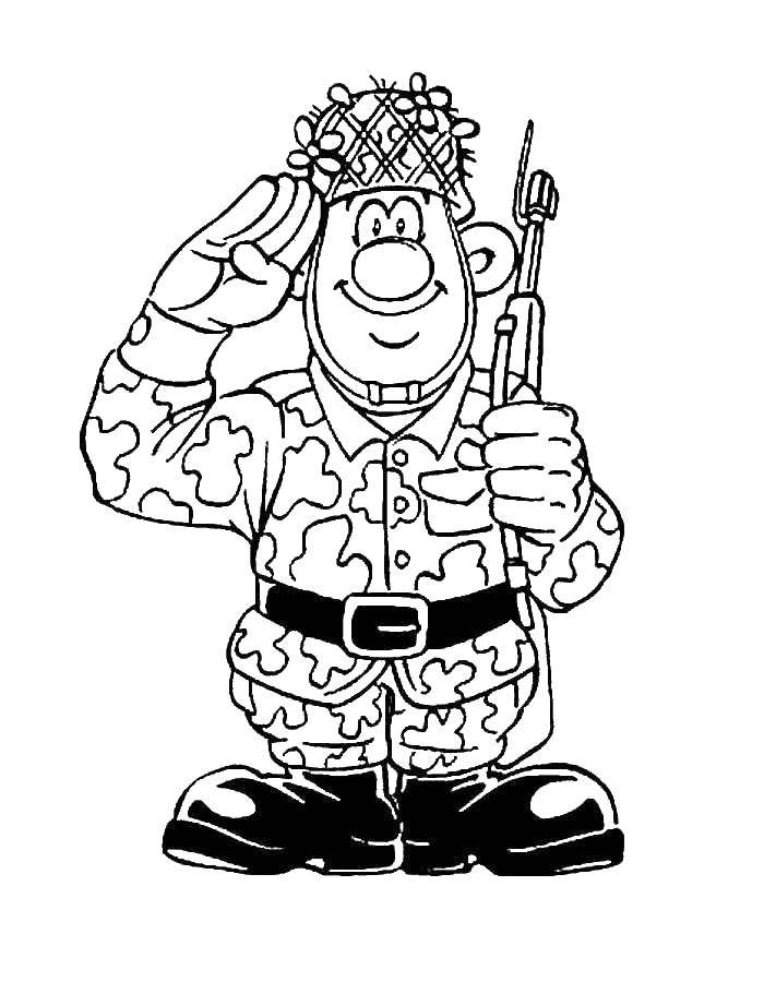 Coloring The soldier saluted. Category military coloring pages. Tags:  soldier, war, weapon.