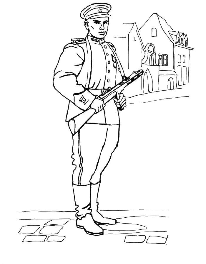 Coloring Soldier in the city. Category Soviet coloring. Tags:  soldiers, weapons, war.
