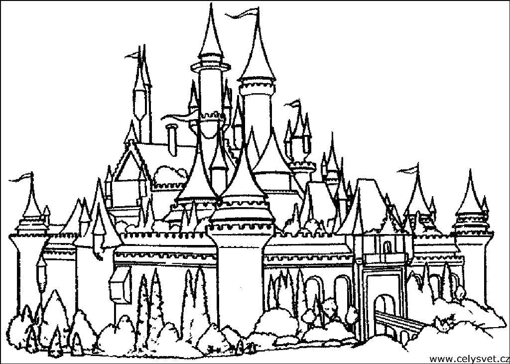 Название: Раскраска Замок с флажками на башнях. Категория: Замки. Теги: башни, замок.