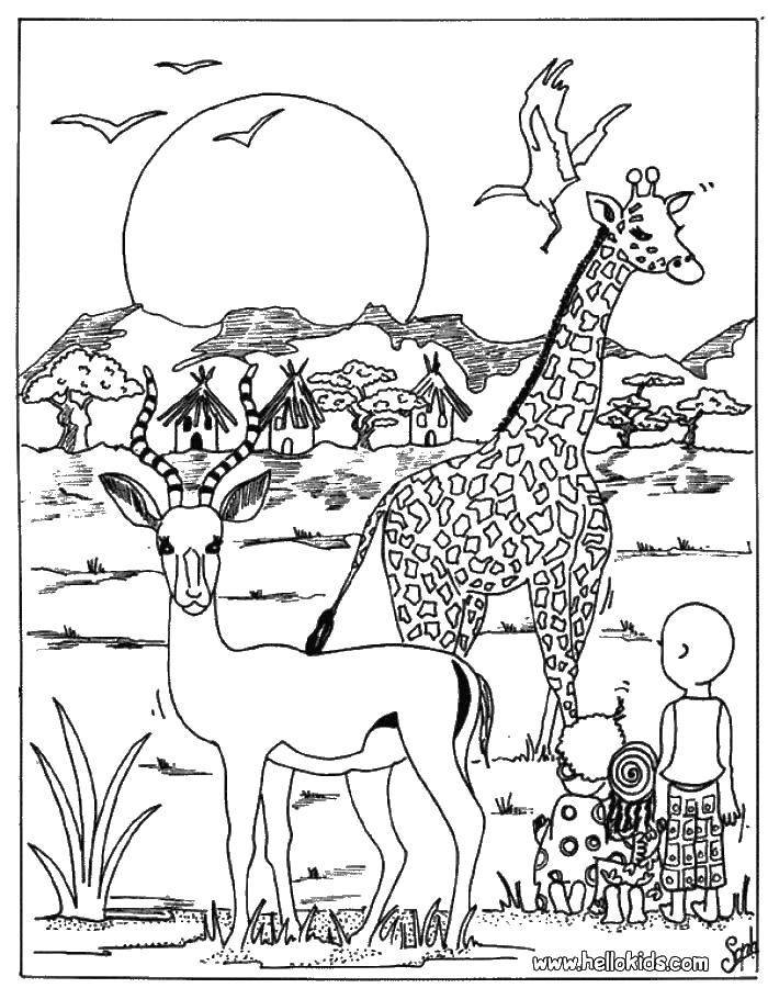 Название: Раскраска Дети и животные. Категория: Дикие животные. Теги: дети, антилопа, жираф.