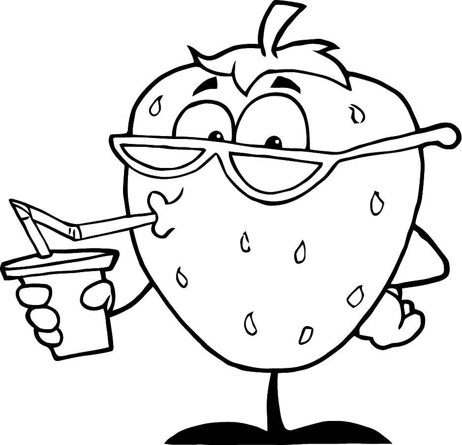Название: Раскраска Клубника и лимонад. Категория: фрукты. Теги: клубника, очки, сок.