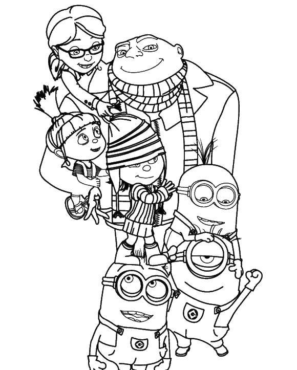 Название: Раскраска Миньоны и семья. Категория: миньоны. Теги: миньоны, дети, папа.