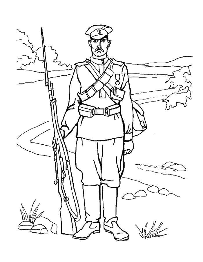 Coloring Soldier with a gun. Category military coloring pages. Tags:  soldier, war, gun.