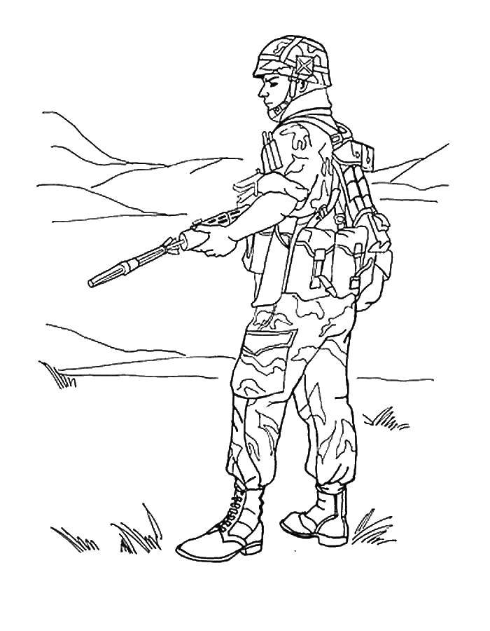 Coloring Soldiers in the desert with a gun. Category military coloring pages. Tags:  soldiers, weapons, war.