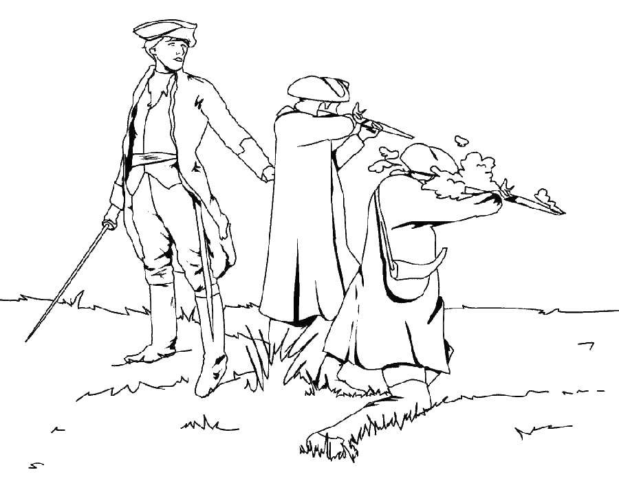Coloring Soldiers in combat. Category military coloring pages. Tags:  soldiers, guns, war.