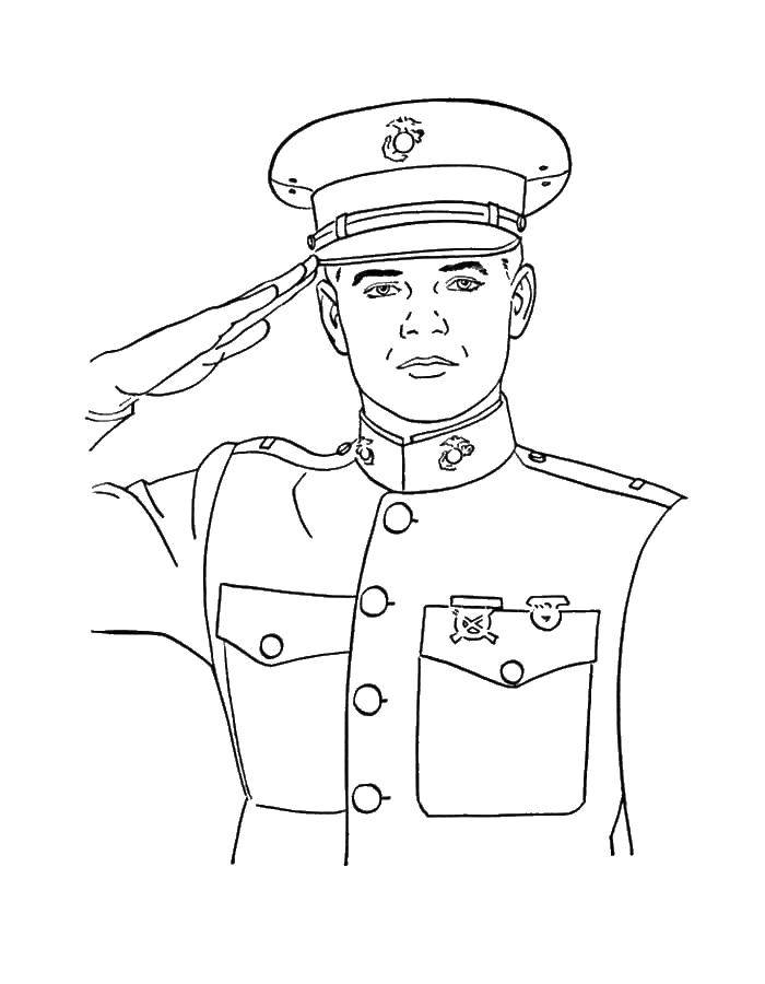 Coloring The soldier saluted. Category military coloring pages. Tags:  soldiers, weapons, war.