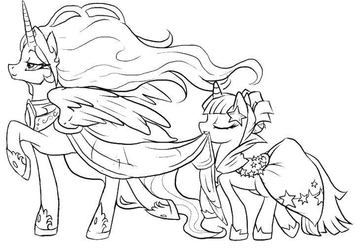 Название: Раскраска Искорка и принцесса селестия в плаще. Категория: мой маленький пони. Теги: Искорка, пони.