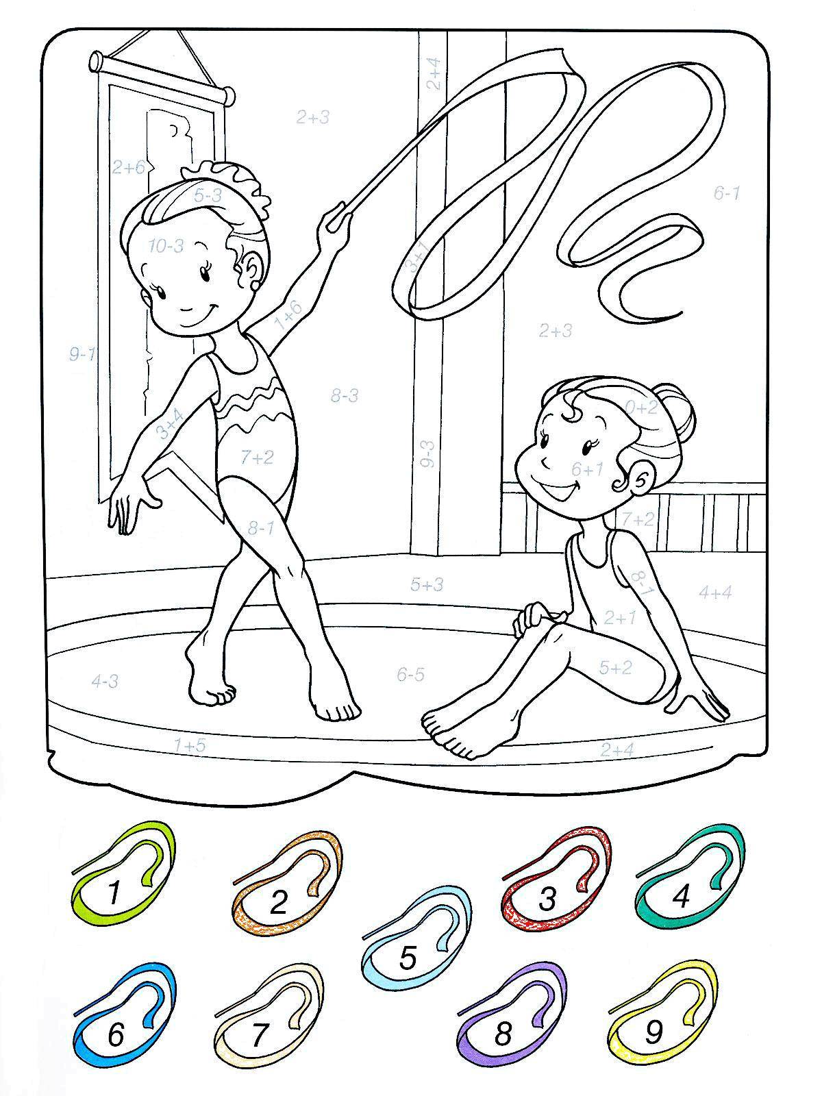 Coloring Color of gymnasts solving examples. Category mathematical coloring pages. Tags:  sports, exercises, examples.