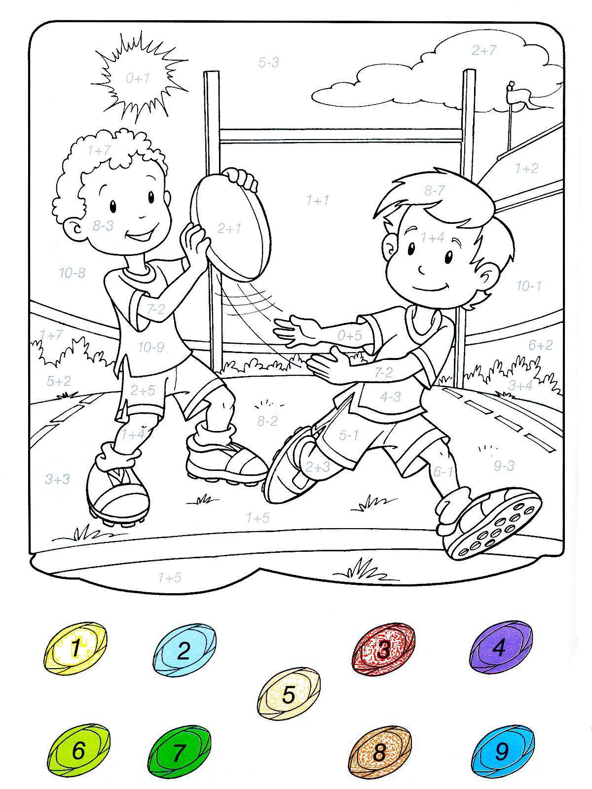 Coloring Paint a picture solving examples. Category mathematical coloring pages. Tags:  sports, boys, children, examples.
