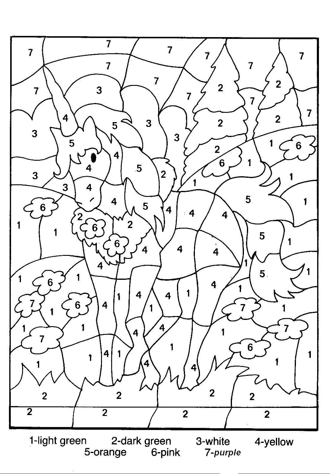 Название: Раскраска Единорог на лугу. Категория: По номерам. Теги: единорог, луг, цветы, елки.