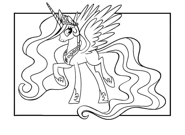 Название: Раскраска Единорог с длинным хвостом. Категория: мой маленький пони. Теги: пони, хвост, корона.