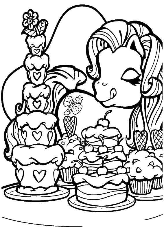 Название: Раскраска Пони с тортиками. Категория: мой маленький пони. Теги: пони.