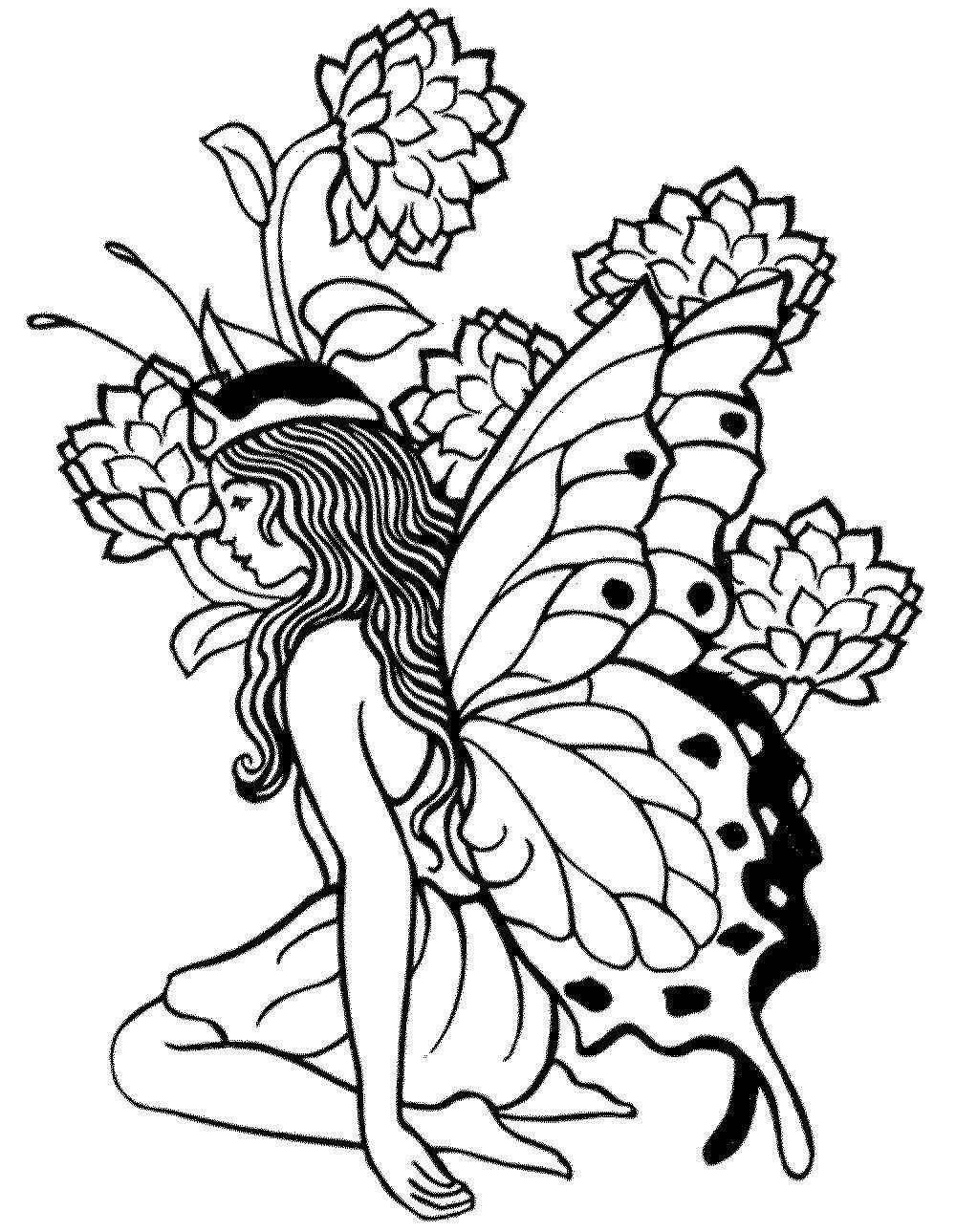 Название: Раскраска Фея и цветы. Категория: раскраски для подростков. Теги: фея, цветы, крылья, девушка.