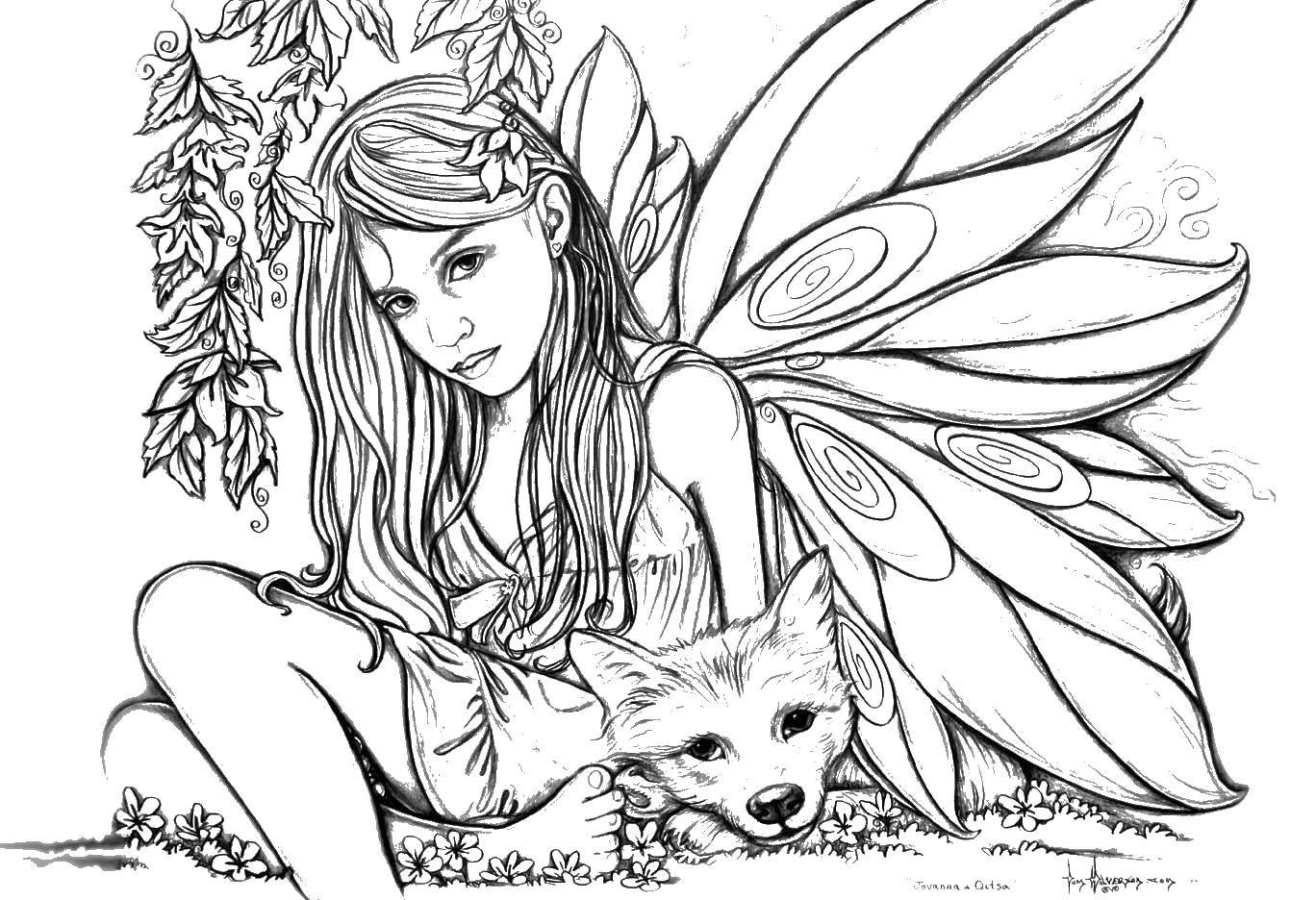 Coloring Fairy with wolf. Category coloring pages for teenagers. Tags:  vey, girl, wolf, wings.