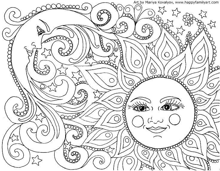 Название: Раскраска Солнце и луна. Категория: раскраски для подростков. Теги: солнце, луна, узоры.