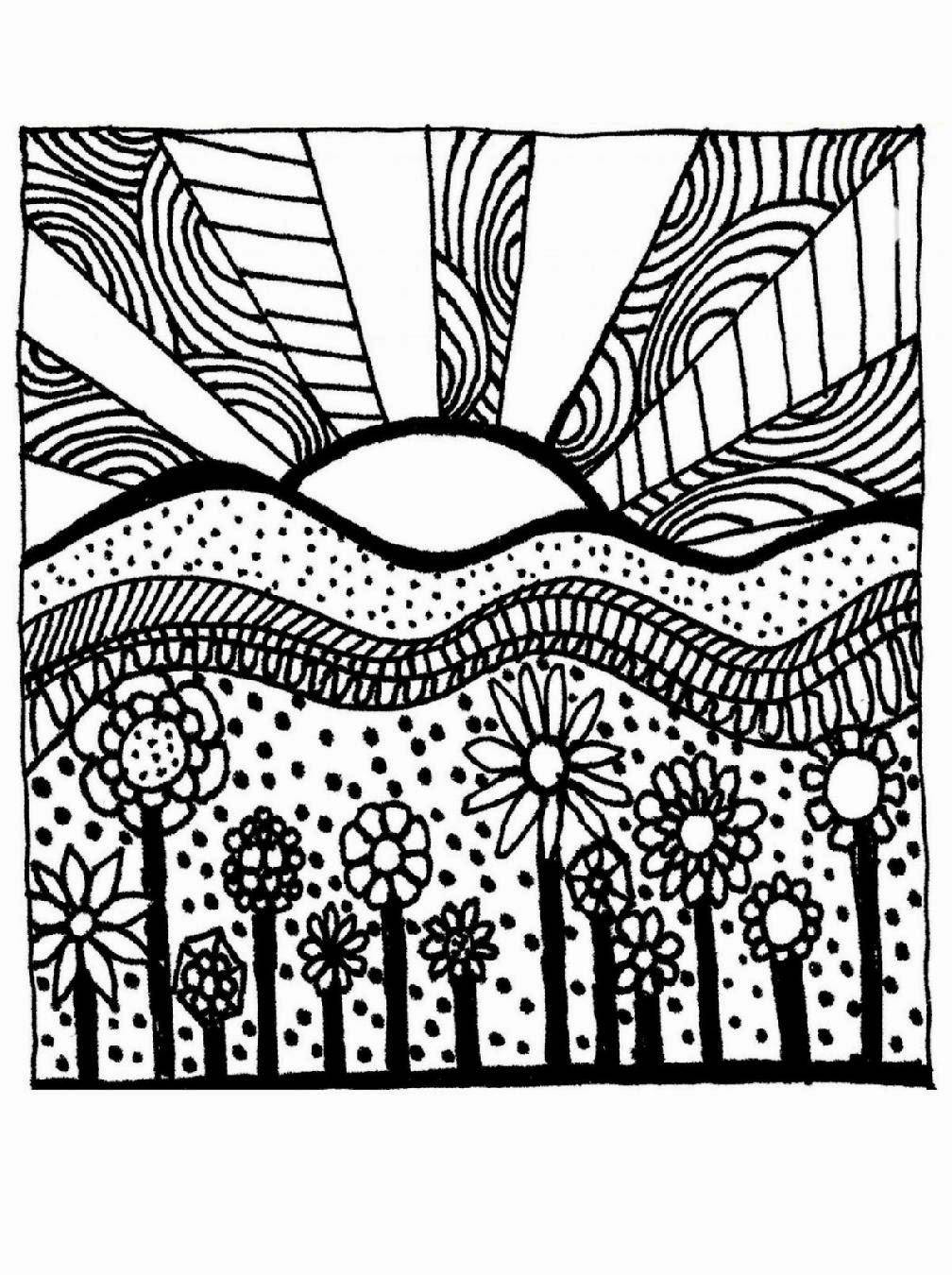 Coloring The sunset and flowers. Category coloring pages for teenagers. Tags:  the sun, flowers, the horizon.