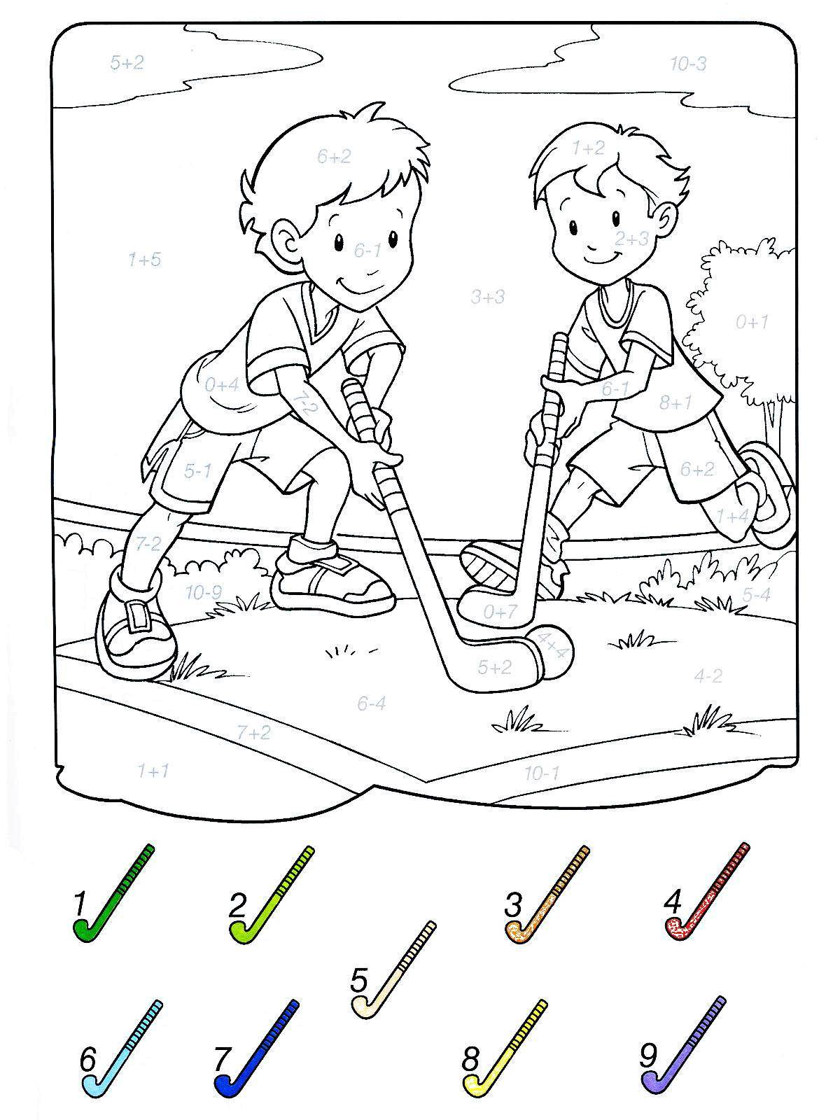 Coloring Solve examples and paint a picture by numbers. Category mathematical coloring pages. Tags:  sports, kids, math, examples.