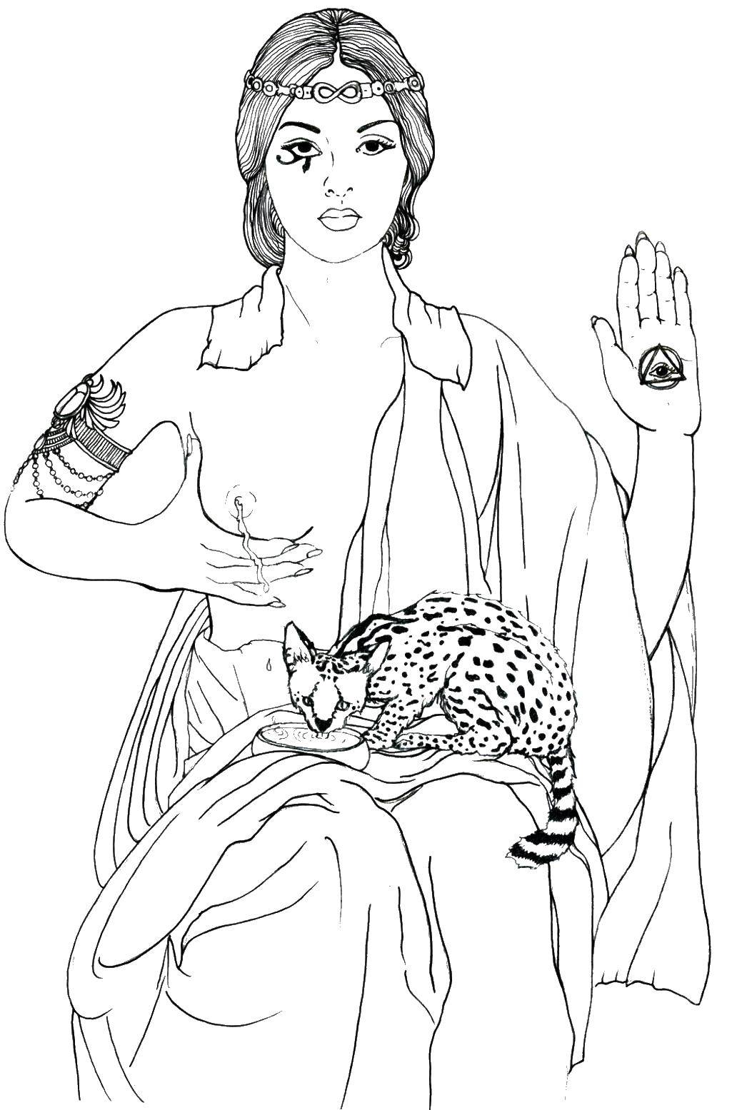 Название: Раскраска Богиня кормит кошку. Категория: религия. Теги: богиня, кошка.