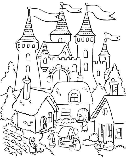 Название: Раскраска Деревенька у замка. Категория: замки. Теги: Замок.