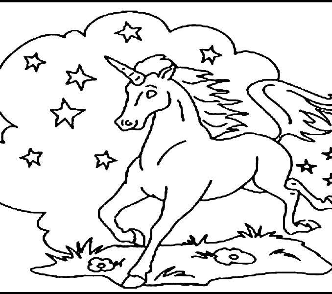 Coloring Unicorn and starry sky. Category horse. Tags:  a horse, a unicorn, sky.