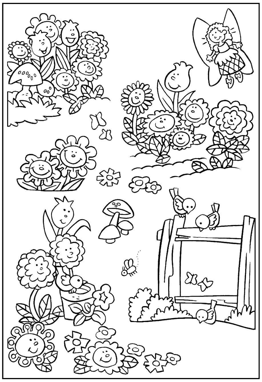Coloring Many Cvety, fairy and birds. Category Nature. Tags:  nature, birds, flowers, fairy.