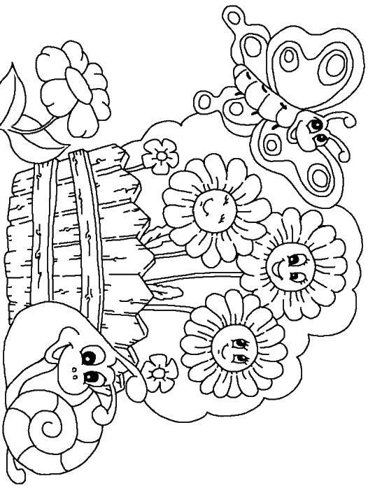 Coloring Snail sunflower bee. Category coloring for little ones. Tags:  snail, sunflower, bee.