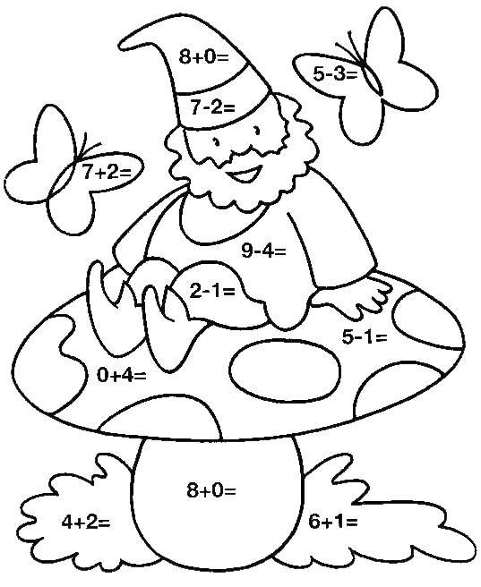 Coloring Gnome on mushroom. Category mathematical coloring pages. Tags:  dwarf, puzzles.