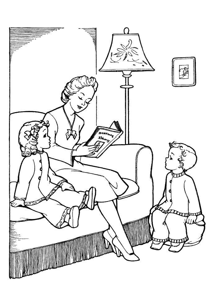Название: Раскраска Мама читает сказки. Категория: моя семья. Теги: мать, дети, книга.