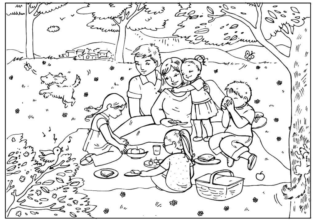 Coloring A family having a picnic. Category family. Tags:  children, parents, picnic, recreation.