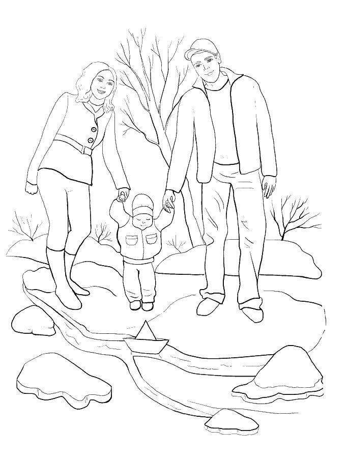 Название: Раскраска Семья с ребнком на прогулке. Категория: семья на прогулке. Теги: семья, прогулка.