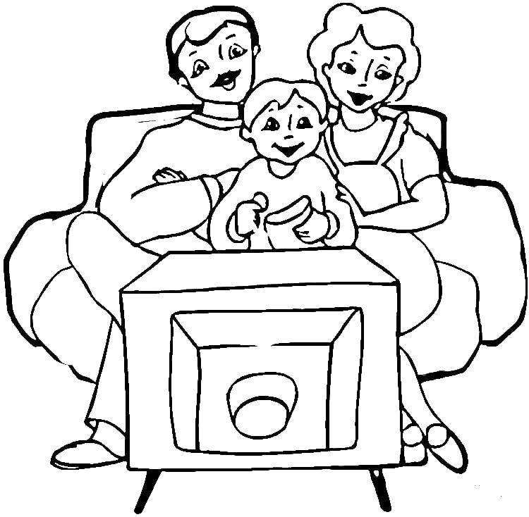 Название: Раскраска Семья у телевизор. Категория: Семья. Теги: семья, родители, ребенок.