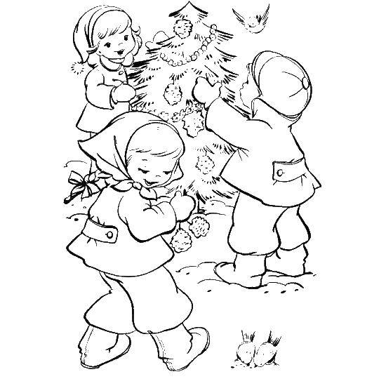Название: Раскраска Дети наряжают елку шишками. Категория: новый год. Теги: елка, новый год.