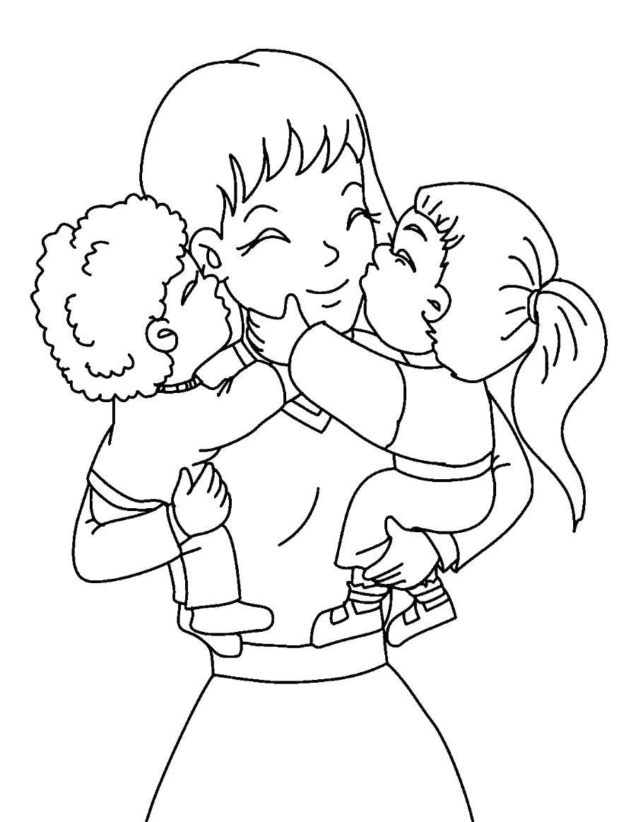 Coloring Children kiss your mother. Category mom . Tags:  mother , children.