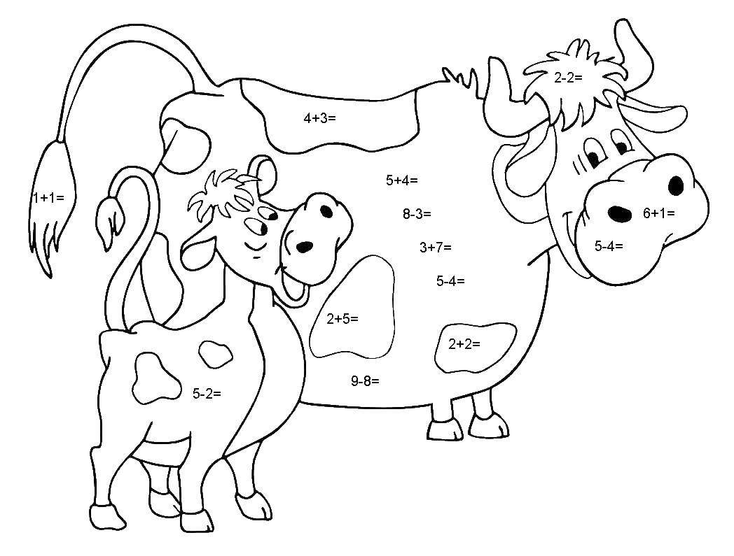 Название: Раскраска Корова и теленок. Категория: математические раскраски. Теги: математика, загадка.