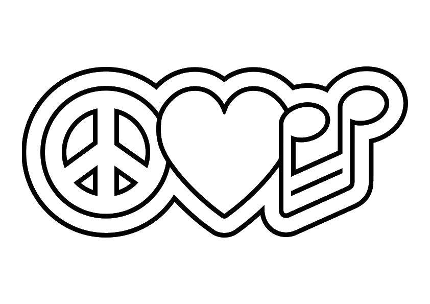Название: Раскраска Знак мира, сердечко и нотка. Категория: раскраски. Теги: Знак, смайл, сердеце.