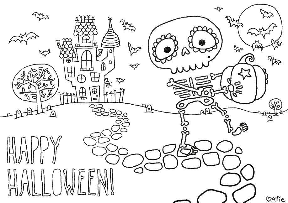 Название: Раскраска Скелетик на фоне замка. Категория: Хэллоуин. Теги: Хэллоуин, тыква, скелет, замок.