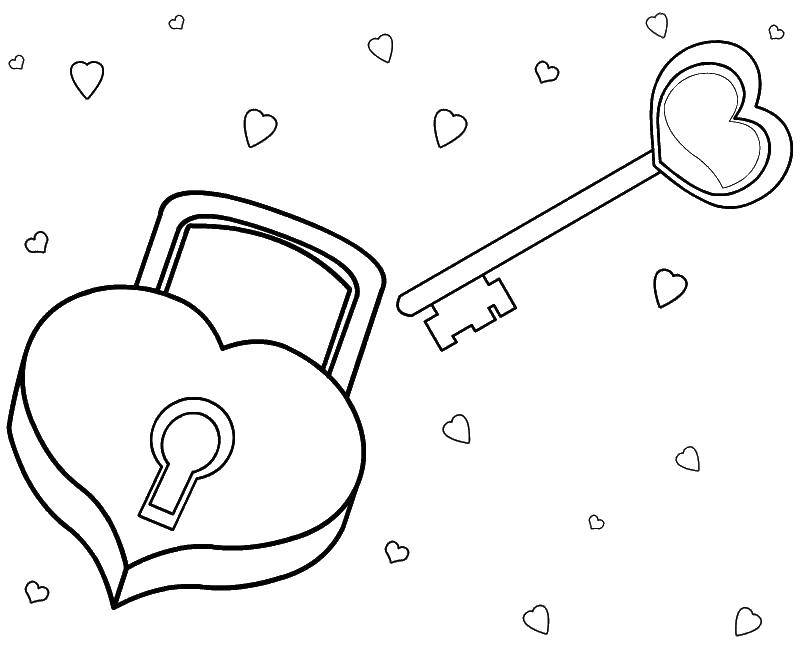 Розмальовки  Ключ від серця замку. Завантажити розмальовку любов, серце, ключ.  Роздрукувати ,Я тебе люблю,