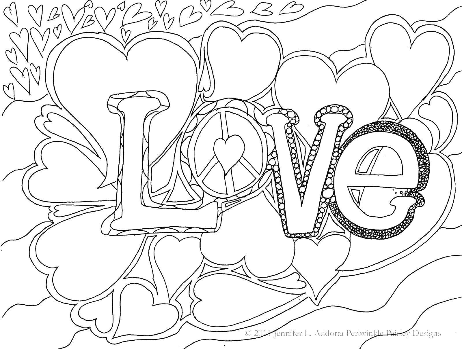 Название: Раскраска Надпись любовь. Категория: Я тебя люблю. Теги: Любовь, надпись, узоры, сердечки.