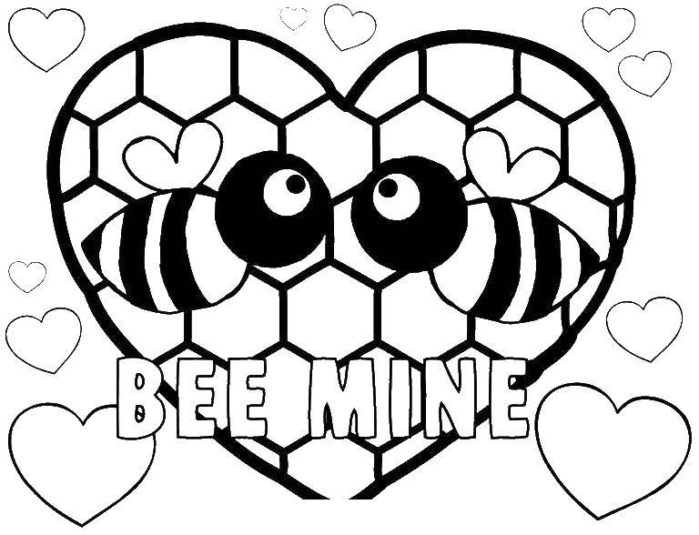 Название: Раскраска Пчелы в сердце. Категория: Я тебя люблю. Теги: пчелы, надпись.