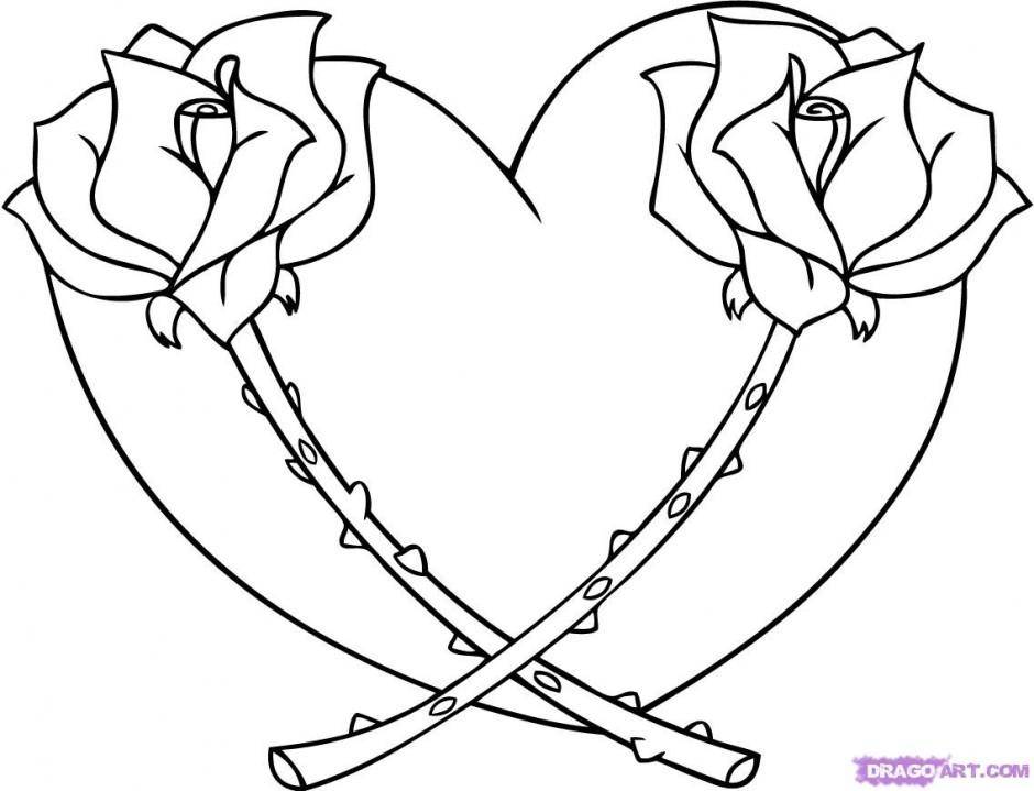Название: Раскраска Две розы и сердце. Категория: Сердечки. Теги: сердце, розы, шипы.