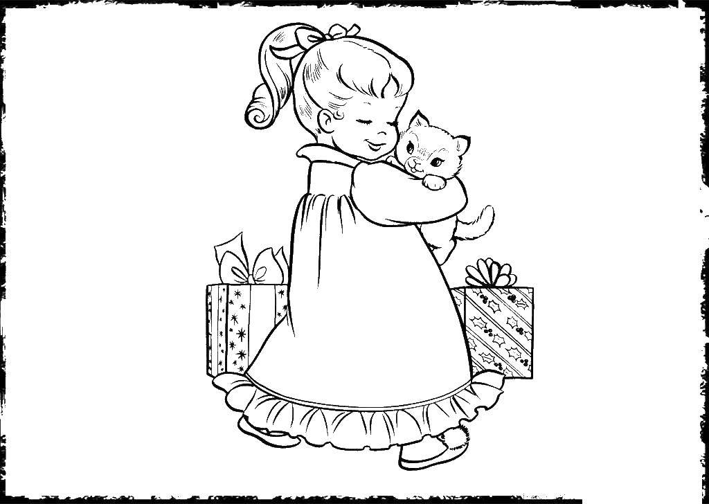 Coloring The girl received the gift of a kitten. Category Cats and kittens. Tags:  kitty, cat.