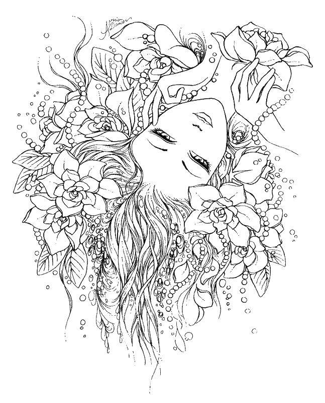 Coloring Girl with flowers in her hair. Category coloring pages for girls. Tags:  flowers, girl.
