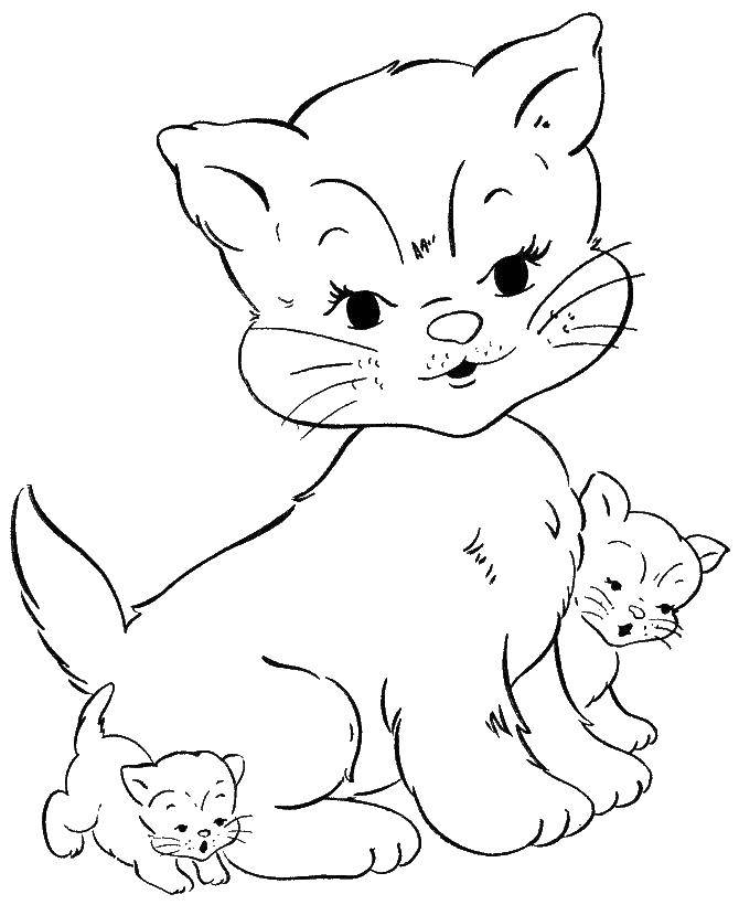 Название: Раскраска Кошка мама с котятами. Категория: Коты и котята. Теги: кошка, кот.